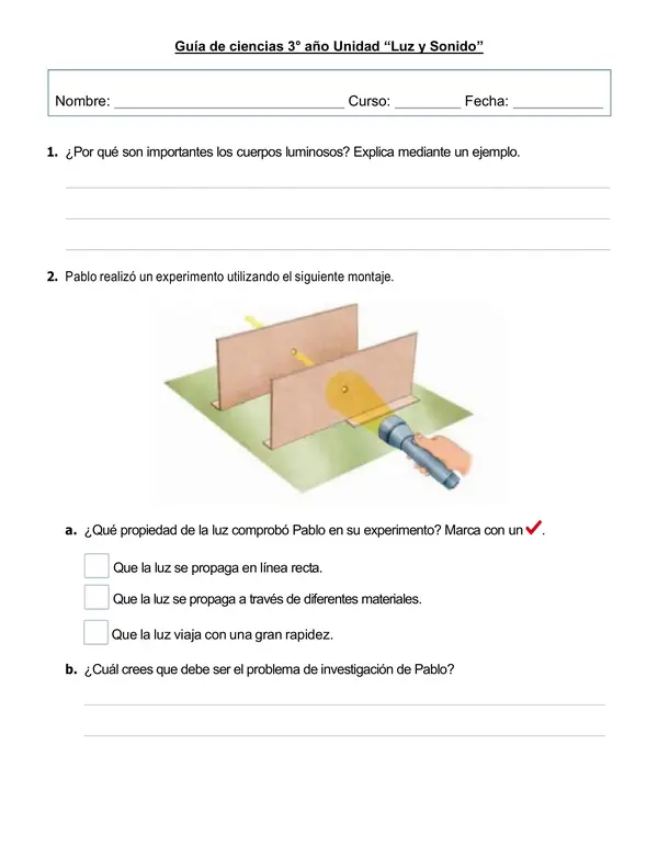Guía de ciencias 3° año "Luz y Sonido"