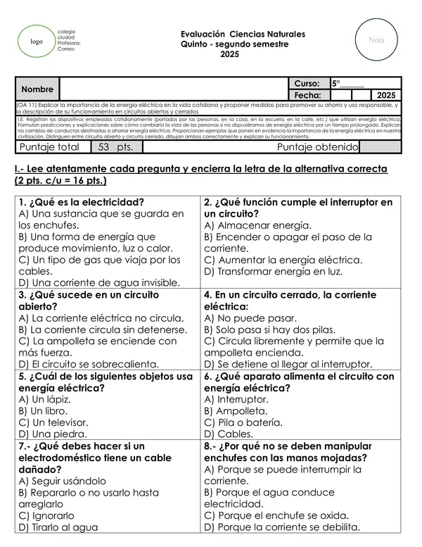 Evaluación Ciencias Naturales 5° Básico: Energía eléctrica, circuitos y uso responsable