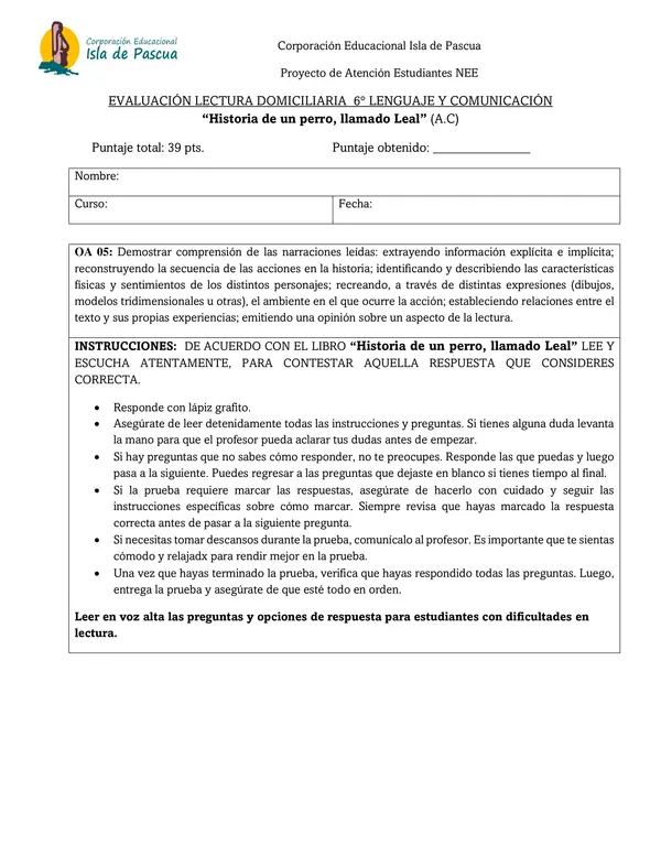 Prueba de lectura domiciliaria "Historia de un perro, llamado Leal!