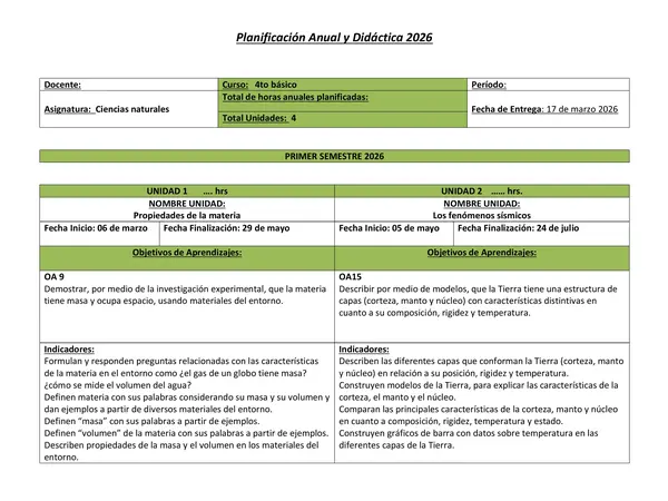 Planificación Anual Ciencias Naturales 4° básico 2026
