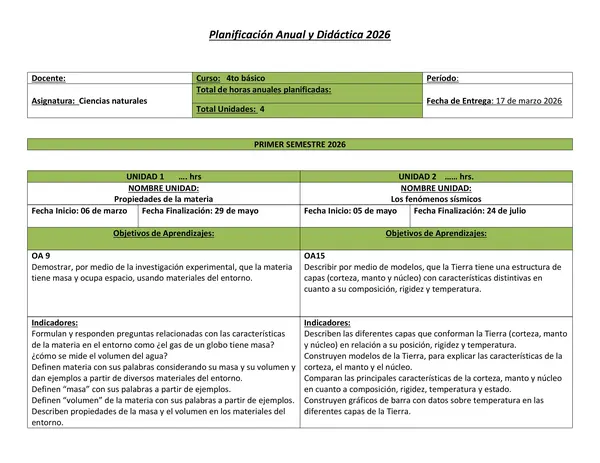 Planificación Anual Ciencias Naturales 4° básico 2026