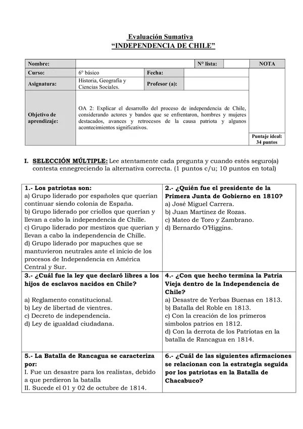 evaluación sumativa Independencia se Chile