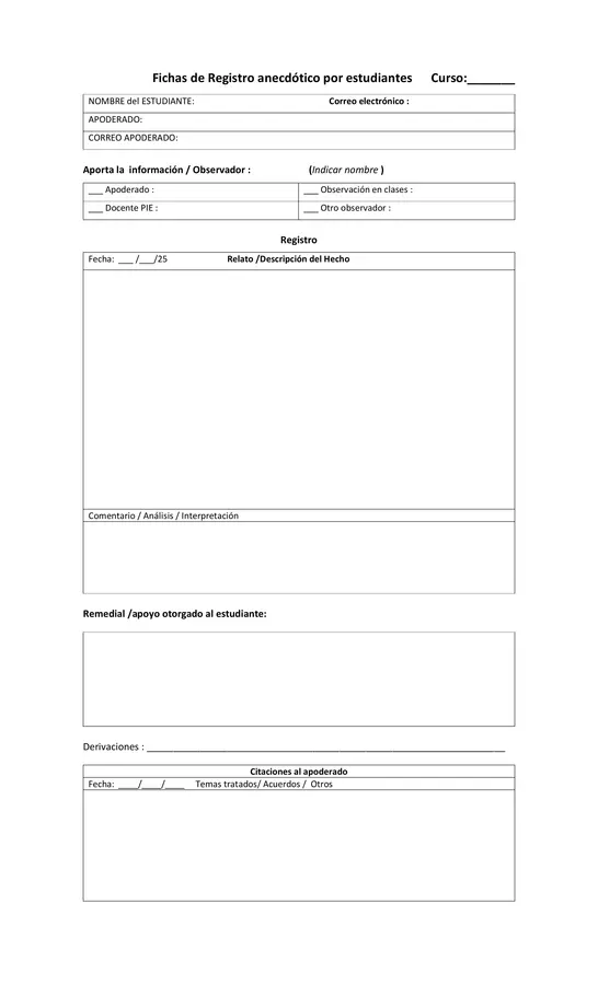 Ficha de registro anecdótico por estudiante