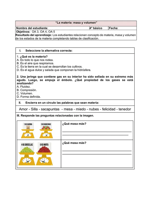 Guia de trabajo "Masa y volumen"