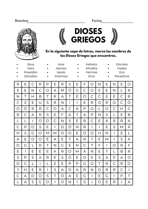 Sopa de letras Dioses griegos