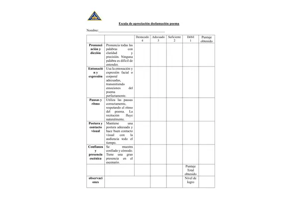 Pauta de evaluación declamación de un poema