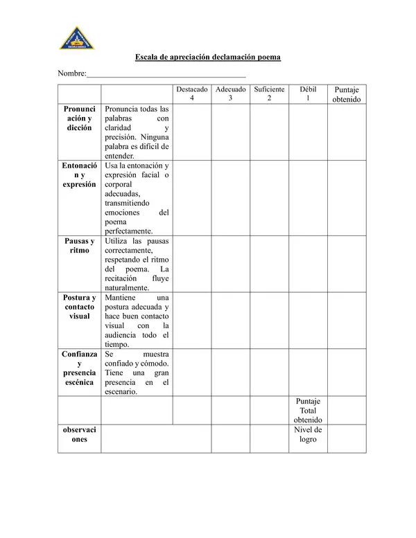 Pauta de evaluación declamación de un poema
