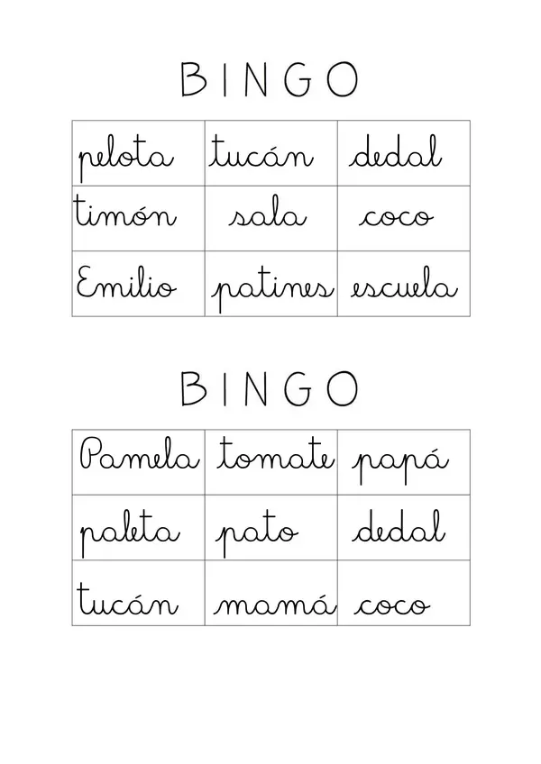 Bingo de palabras (m-l-p-s-d-t-ca-co-cu)