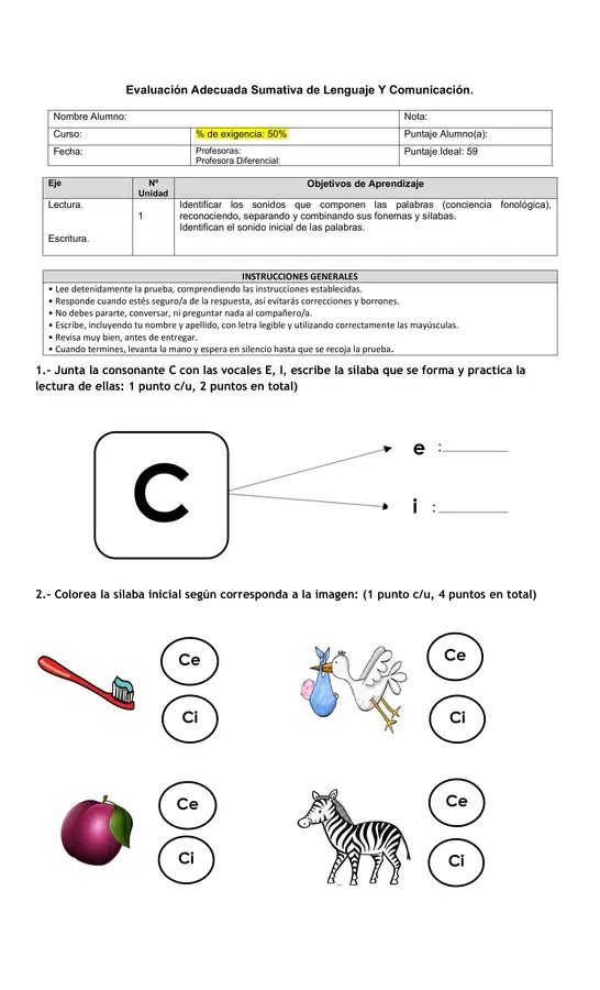 Evaluación sumativa de lenguaje. 