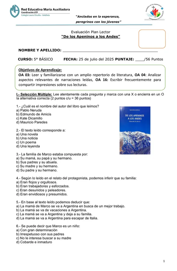 Prueba Plan Lector "De los Apeninos a los Andes"