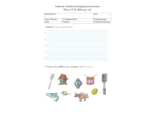 Prueba de lenguaje 1° básico Letras "T, F, R rr, que- qui"
