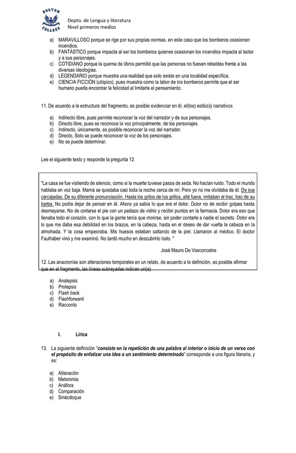 Prueba Unidad III, Género dramático, Primero Medio, Lengua y Literatura. 