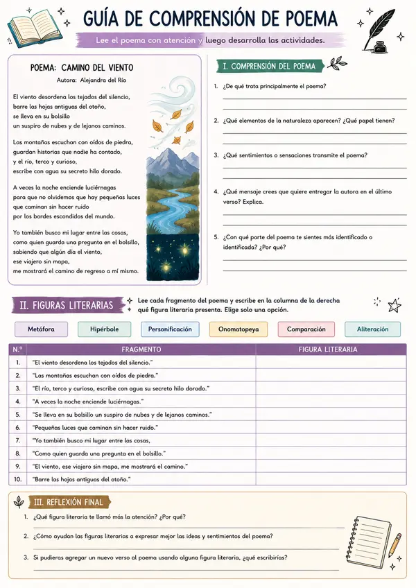 Guía comprensión de un poema y figuras literarias 
