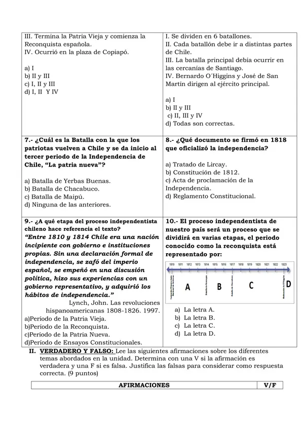 evaluación sumativa Independencia se Chile