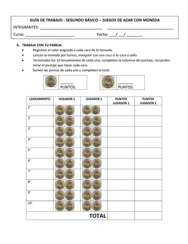 Guia de trabajo Juegos de Azar con Monedas, SEGUNDO BASICO, MATEMATICAS