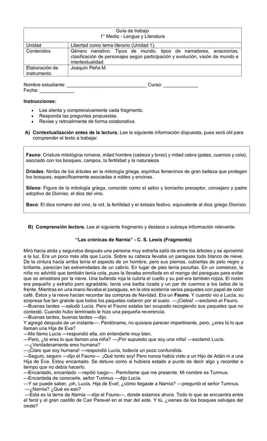 Guía repaso y aplicación contenidos género narrativo - Fragmento "Las crónicas de Narnia"