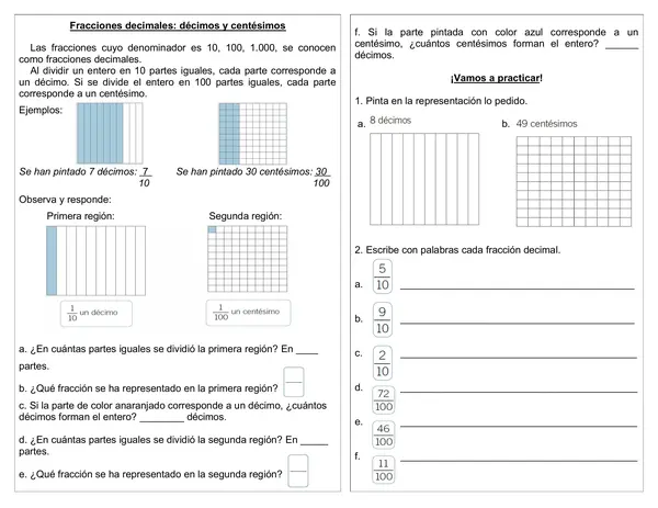 Guía de matemática 4°año "Fracciones decimales: décimos y centésimos"