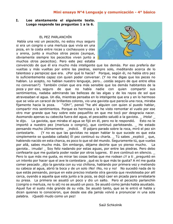Mini ensayo n°4. SIMCE 4° BÁSICO - Lenguaje y comunicación