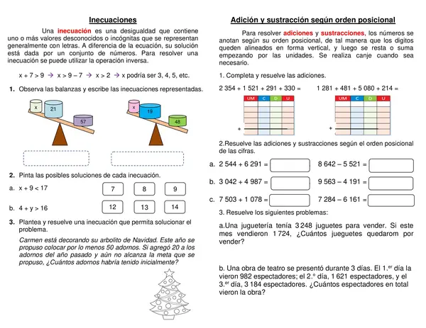 Guía de síntesis "Inecuaciones" "Suma y resta hasta UM" 4° básico.