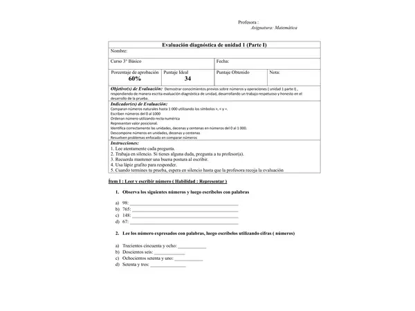 Evaluación diagnóstica matemática 3° básico