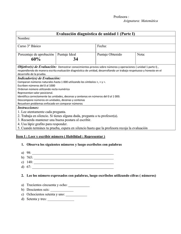 Evaluación diagnóstica matemática 3° básico