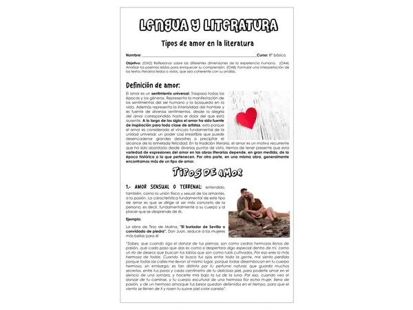 Guía de trabajo - Tipos de amor en la literatura - 8° (Lengua y literatura)