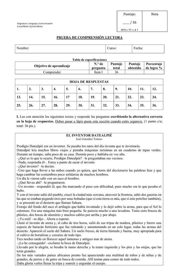 5to - Prueba de Comprensión lectora