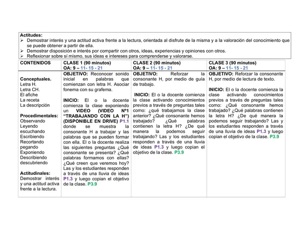 Planificación Mensual Clase a Clase, Lenguaje,OCTUBRE, unidad 3