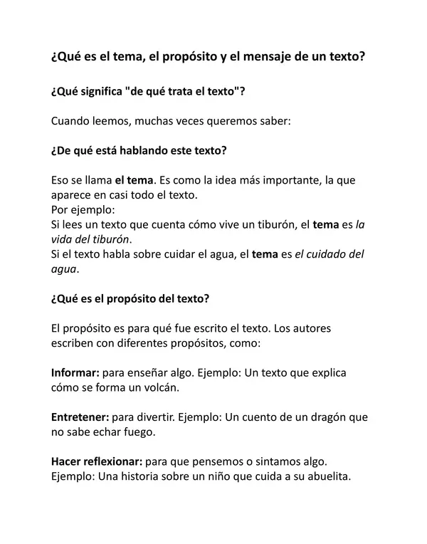 Cuadernillo Comprensión de Lectura: Tema, propósito y mensaje de un texto