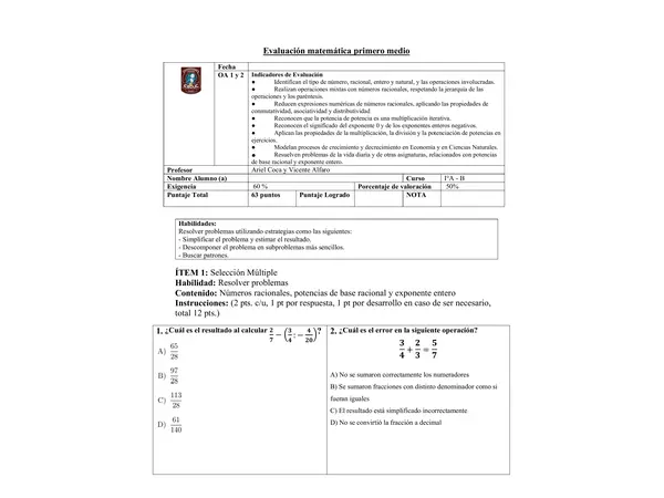 Evaluación UNIDAD 1 primero medio