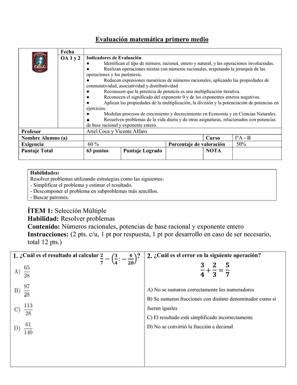 Evaluación UNIDAD 1 primero medio