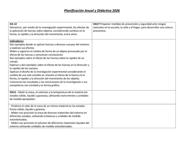 Planificación Anual Ciencias Naturales 4° básico 2026
