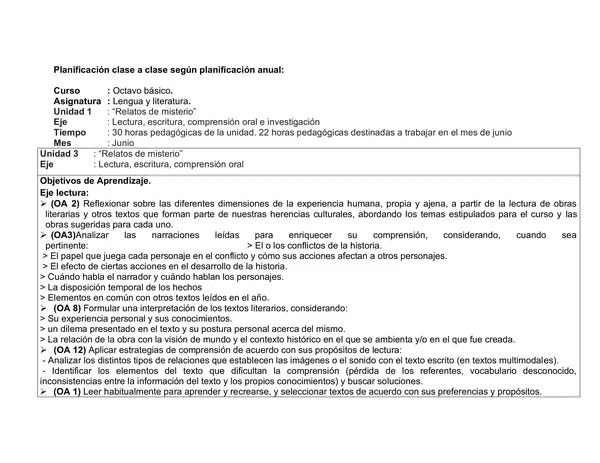 Planificación Clase a Clase: Junio | Lenguaje y Comunicación 8° Básico