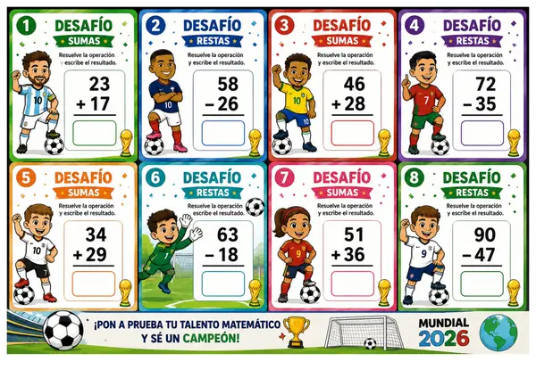 Desafíos Matemáticos Mundial 2026 - Sumas y Restas de 2, 3 y 4 cifras