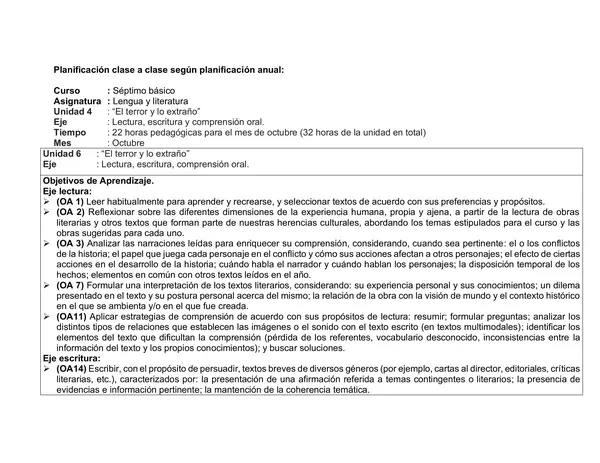 7º año de Educación Básica, PLANIFICACION, LENGUAJE, OCTUBRE
