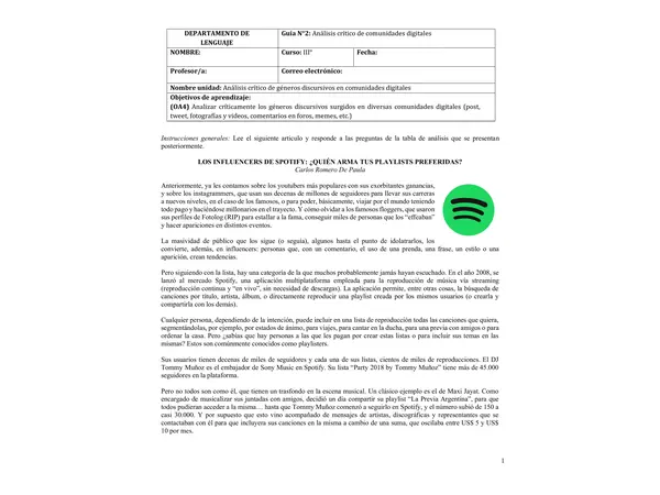 GUÍA N°2. UNIDAD N°3. TERCERO MEDIO. LENGUA Y LITERATURA 