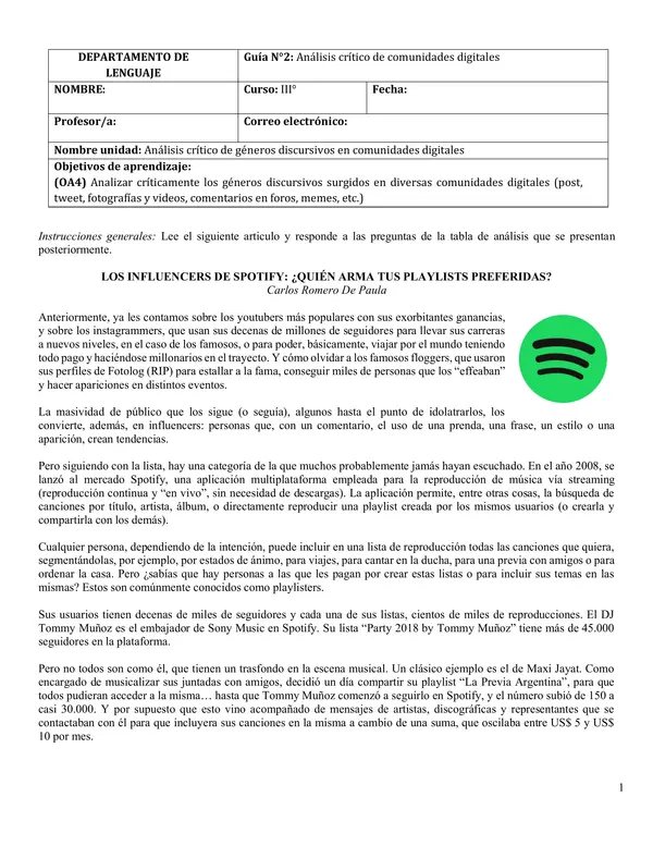GUÍA N°2. UNIDAD N°3. TERCERO MEDIO. LENGUA Y LITERATURA 