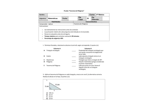 Evaluación Teorema de Pitágoras