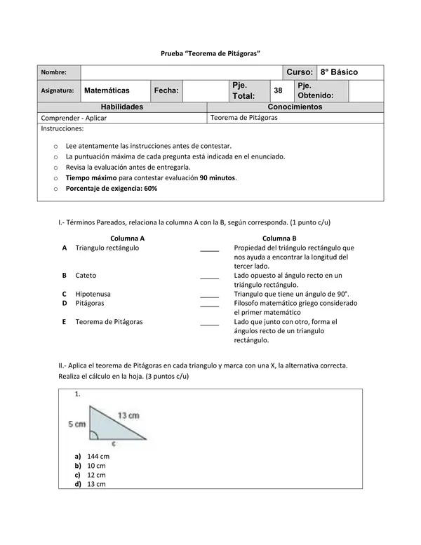 Evaluación Teorema de Pitágoras
