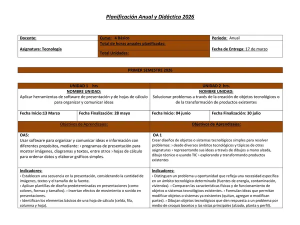 Planificación Anual  Tecnología 4° básico 2026