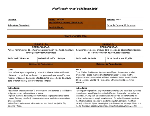 Planificación Anual  Tecnología 4° básico 2026