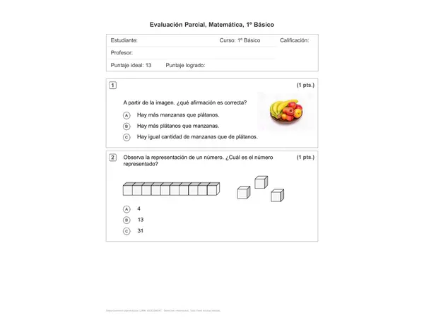Evaluación Parcial, Matemática 1° Básico