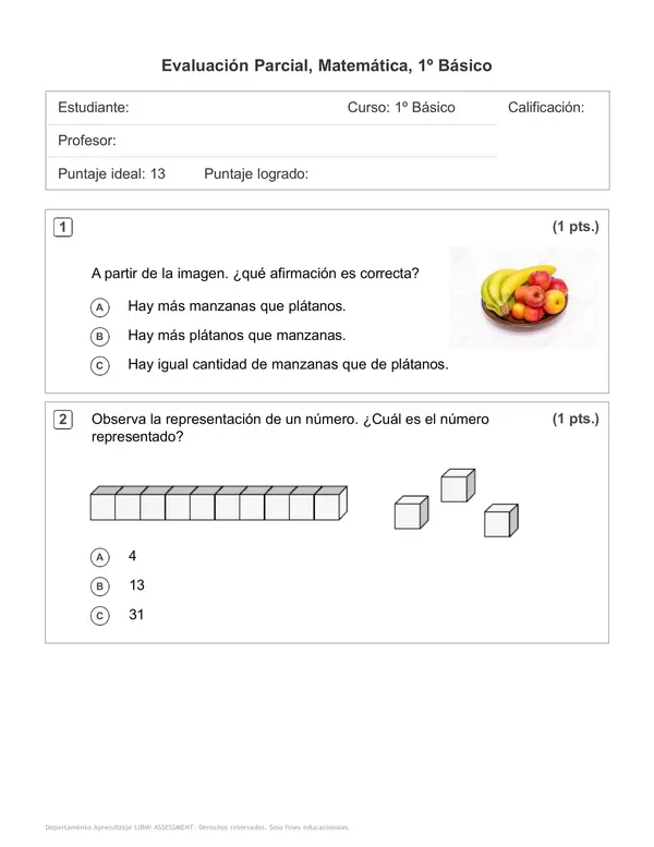 Evaluación Parcial, Matemática 1° Básico