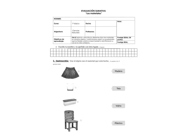 📑 Evaluación Sumativa – Los Materiales (1° Básico)