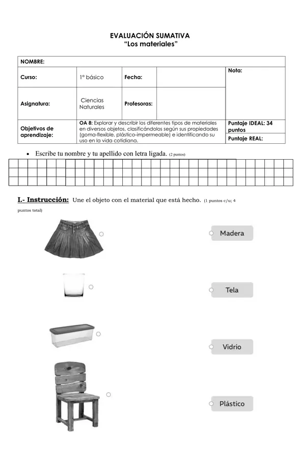 📑 Evaluación Sumativa – Los Materiales (1° Básico)