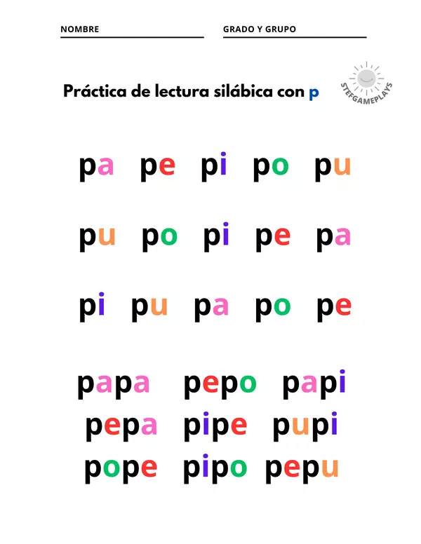Práctica de lectura silábica con p