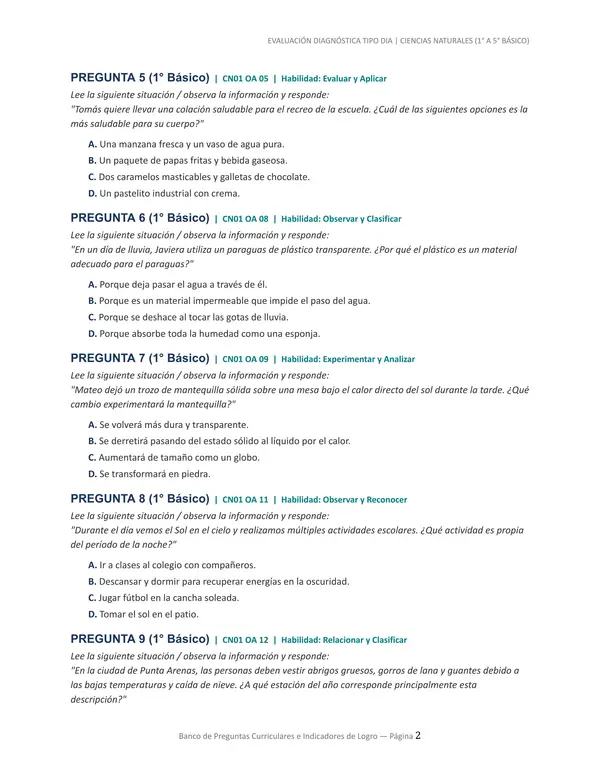 Banco de preguntas ciencias naturales estilo DIA 1° a 5° básico