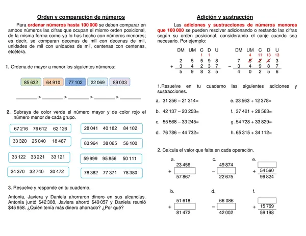 Guía síntesis "Orden y comparación de números" "Adición y sustracción" 4° básico.