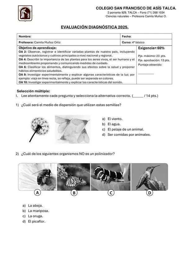 Evaluación de diagnostico ciencias.