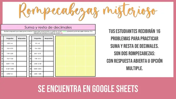 Suma y resta de decimales rompecabezas misterioso